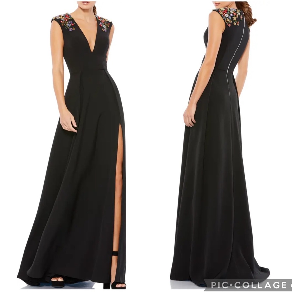 Ieena For Mac Duggal Plunge Neck Empire Waist Beaded Shoulder Gown Black 4